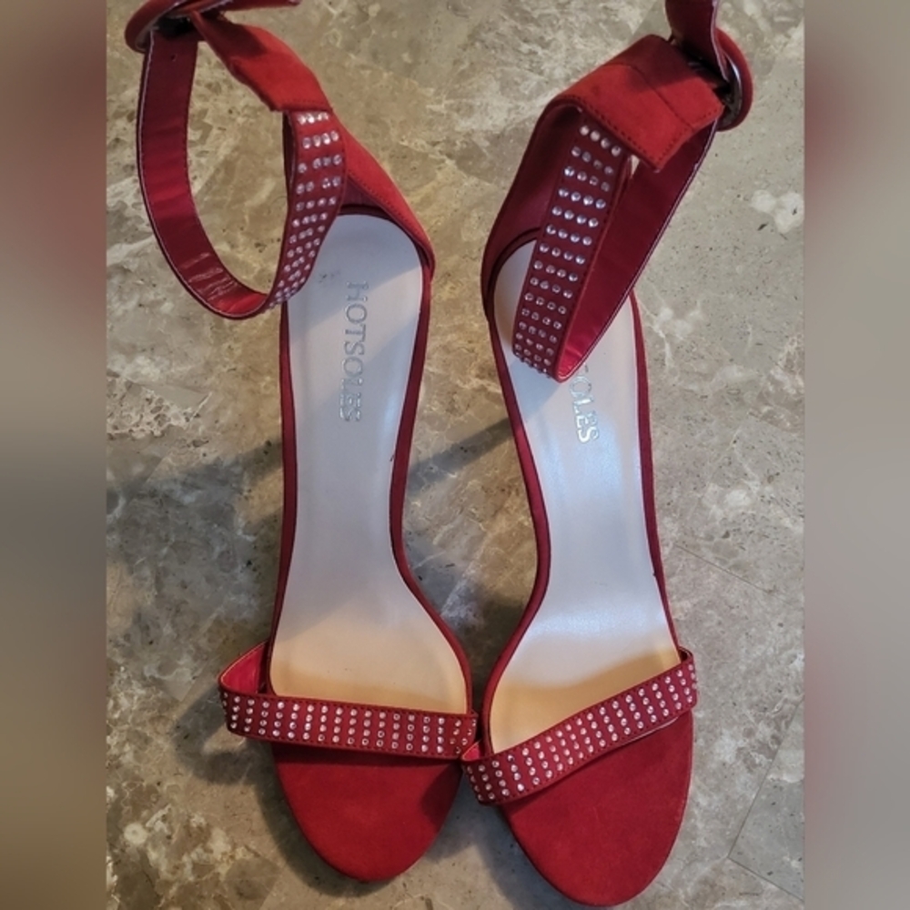 Hotsoles Womens Red Heels Pumps‎ Rhinestone Studded Ankle Strap Size 10 Sexy